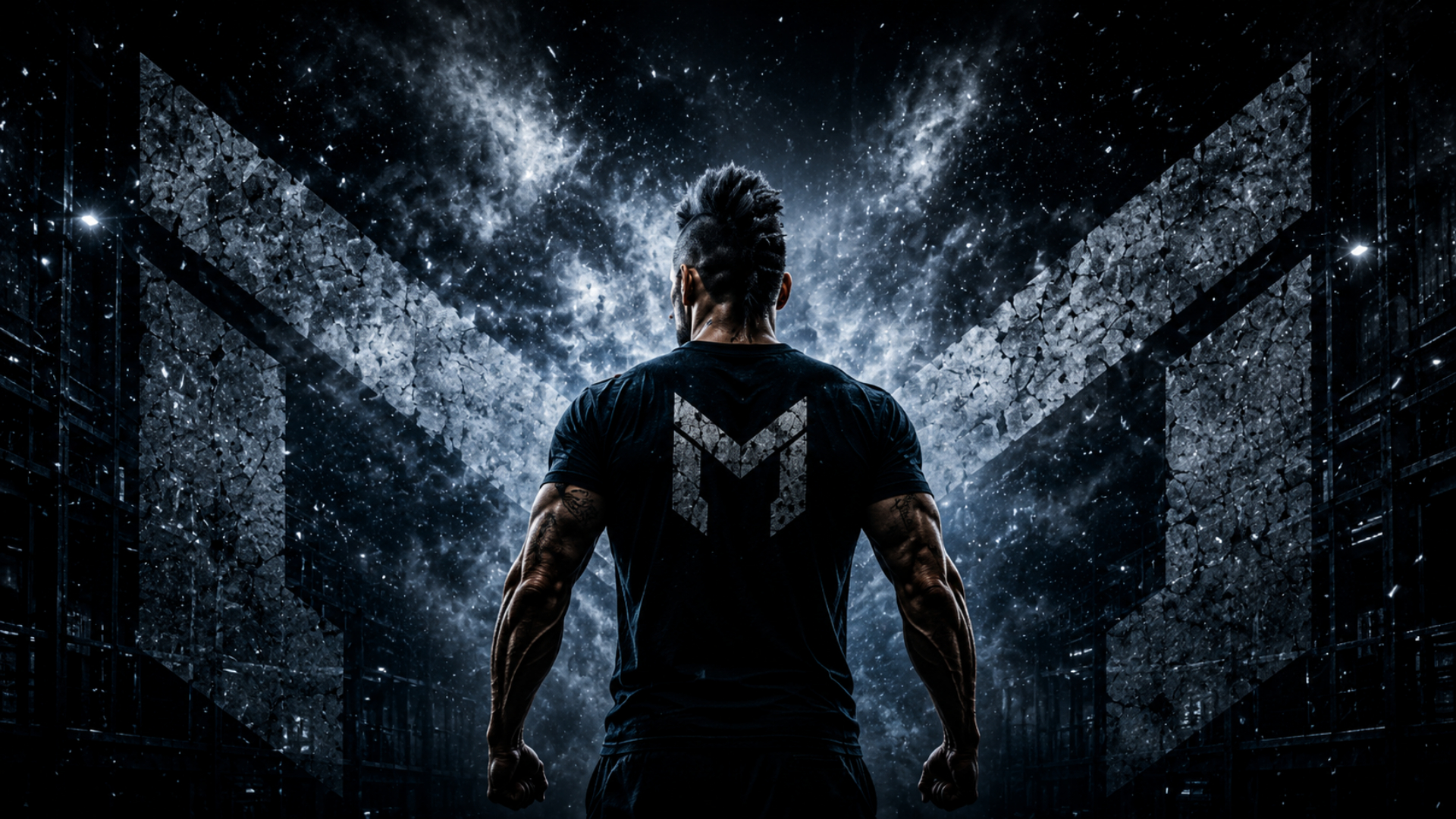 MHKFT athlete seen from behind against distressed monogram backdrop