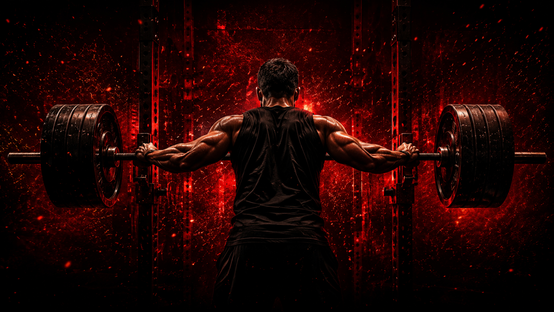 Athlete performing a heavy barbell squat framed by weight plates in red light